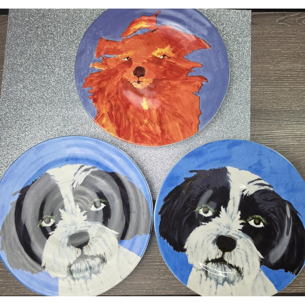 Anthropologie Carole Akins Dog Portrait Salad Plates Set of 3 Sadie Bianca 8.25"